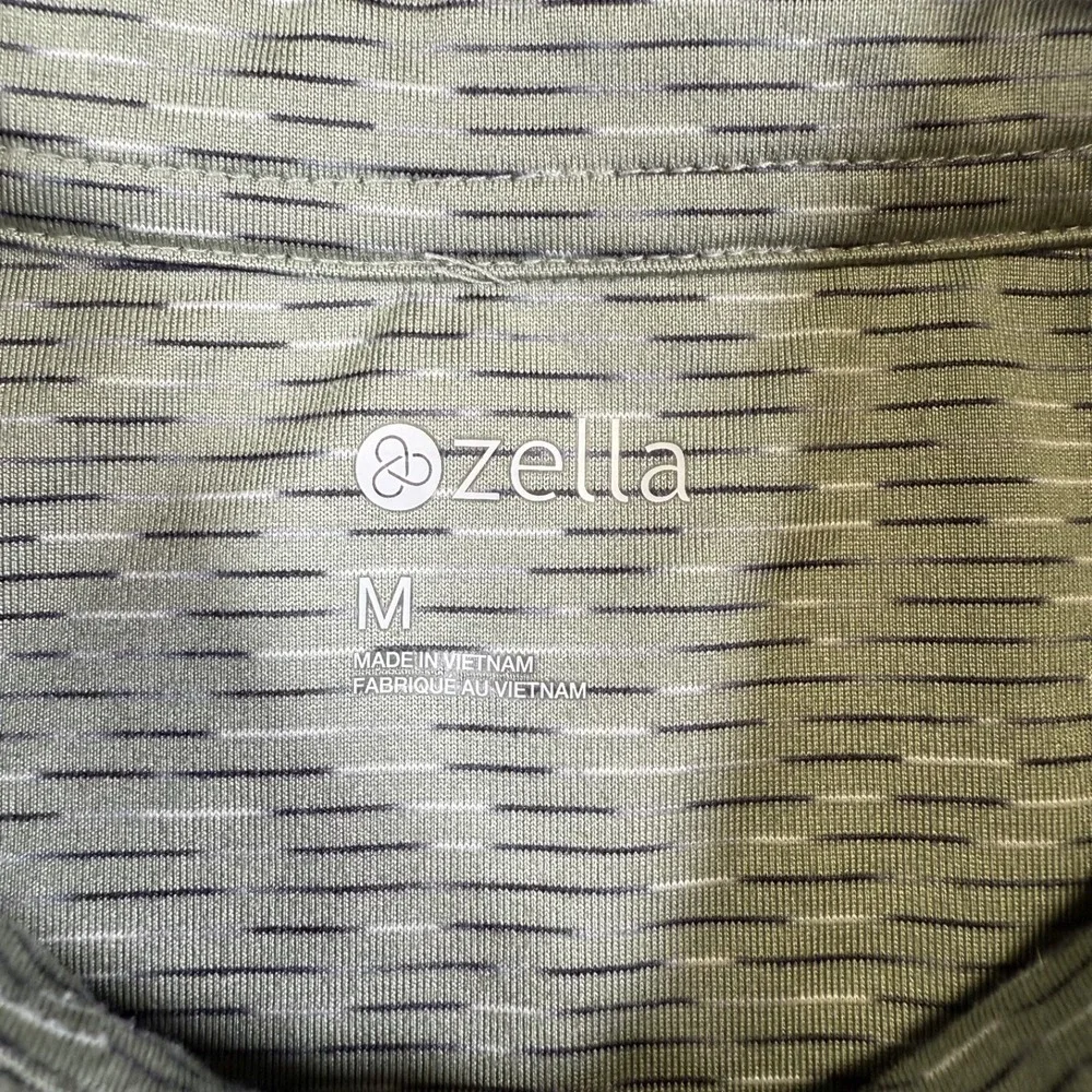 Zella Polo Shirt Men Medium Green Stripe‎ Short Sleeve Activewear Snap Stretch